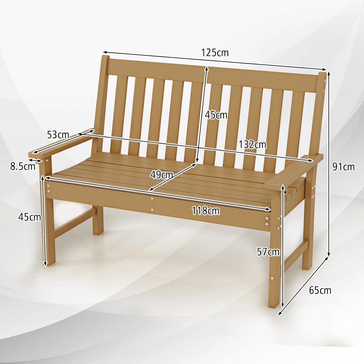 FANTASK Tuinbank, weerbestendig, tot 320 kg belastbaar, parkbank, voor alle weersomstandigheden, HDPE, teak