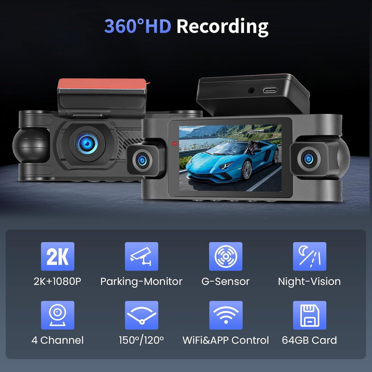 Hikity 4-kanaals dashcam, wifi dashcam 2K voor en 1080p achter binnen links rechts, autocamera met 64 GB kaart - wifi, G-sensor, loop-opname, nachtzicht, parkeerbewaking, achteruitrijassistent
