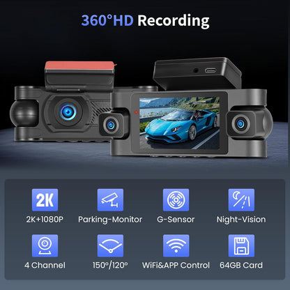 Hikity 4-kanaals dashcam, wifi dashcam 2K voor en 1080p achter binnen links rechts, autocamera met 64 GB kaart - wifi, G-sensor, loop-opname, nachtzicht, parkeerbewaking, achteruitrijassistent