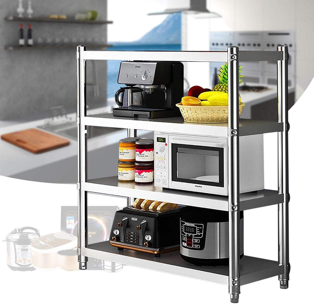 Staand Rek – Keukenrek – Opberger – Bergingrek – Metalen Rek – RVS 201 – 4 Planken – 120x40x150 cm – 50 kg Draagvermogen