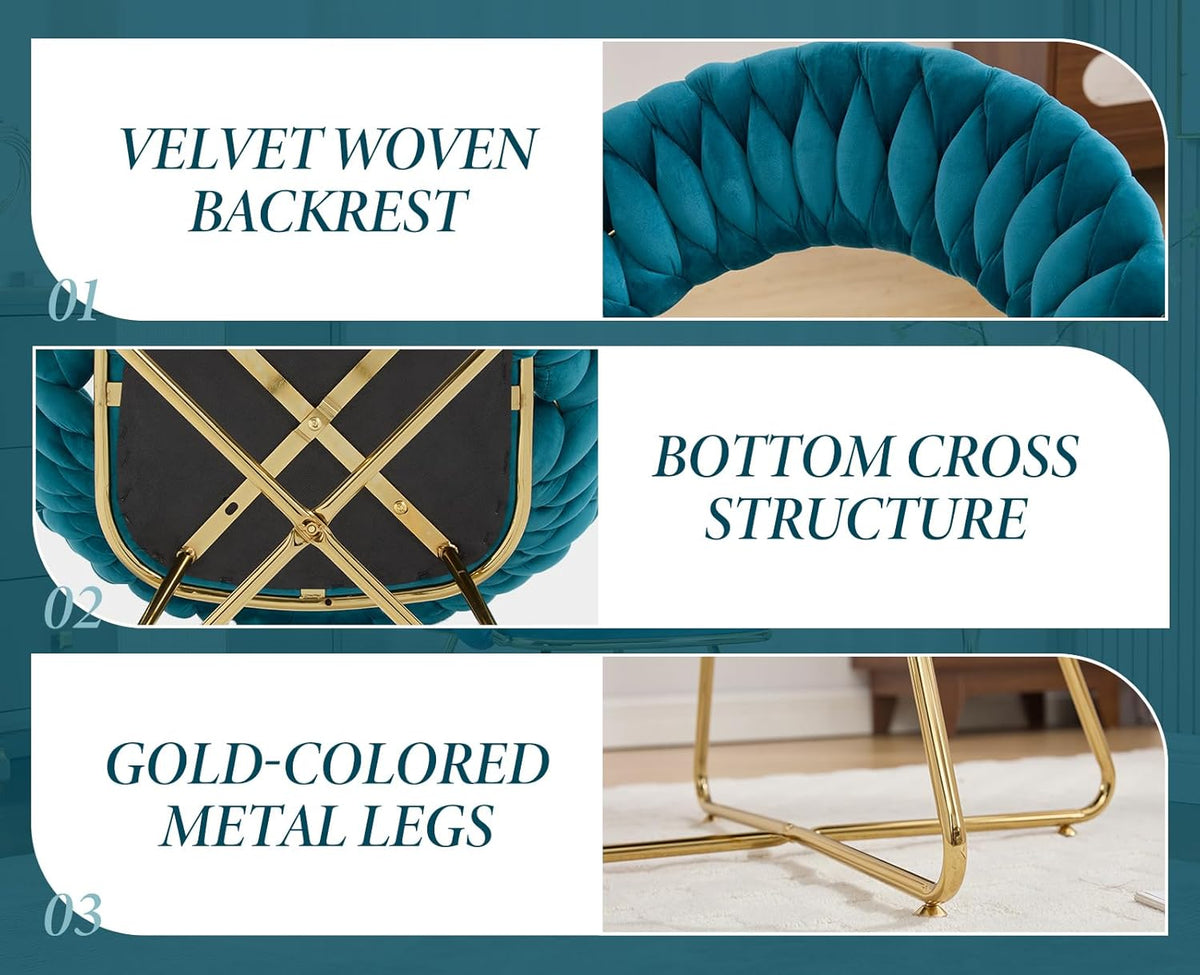 chairus Set of 2 Blue Velvet Living Room Chair with Gold Metal Legs, Modern Bedroom Dressing Table Chair with Backrest, Blue - QUORE