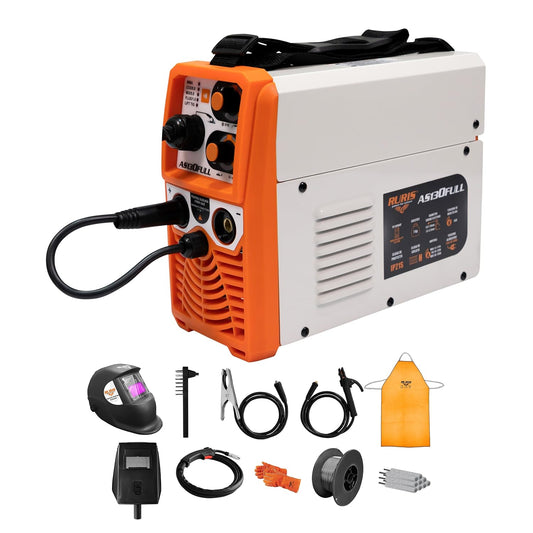 RURIS AS130FULL Welding Machine MMA/MIG/TIG + Accessoires: masker, hammer/borstel, elektroden, magneet, gloves, Solar Welding Helmet, Apron, 0,8 mm Welding Wire.