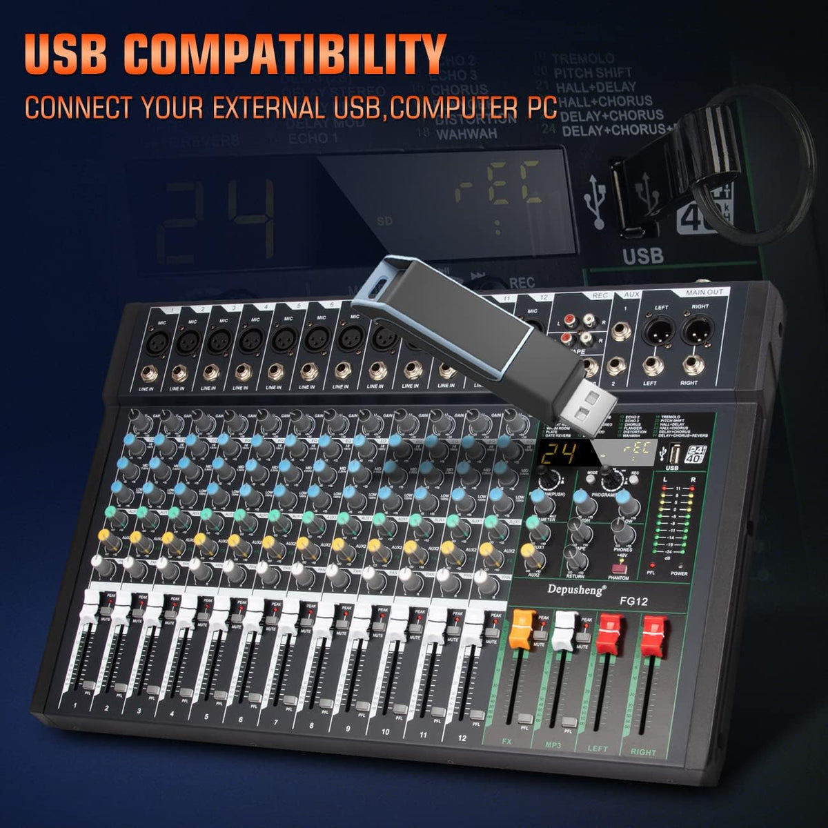 12-Kanaals Audiomixer – Mengpaneel – Geluidsmixer – Audio-Mixer – Studiomixer – USB-Aansluiting voor PC en Mac – 24 DSP-Effecten