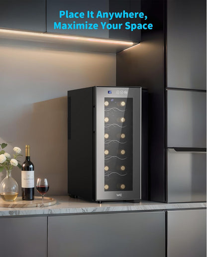 WIE Wijnkoelkast 1 zone 33 liter 12 flessen drankkoelkast wijnkast kleine wijnkoelkast mini met glazen deur volledig glazen designdeur met LED-touchpanel anti-UV wijnkoelkast