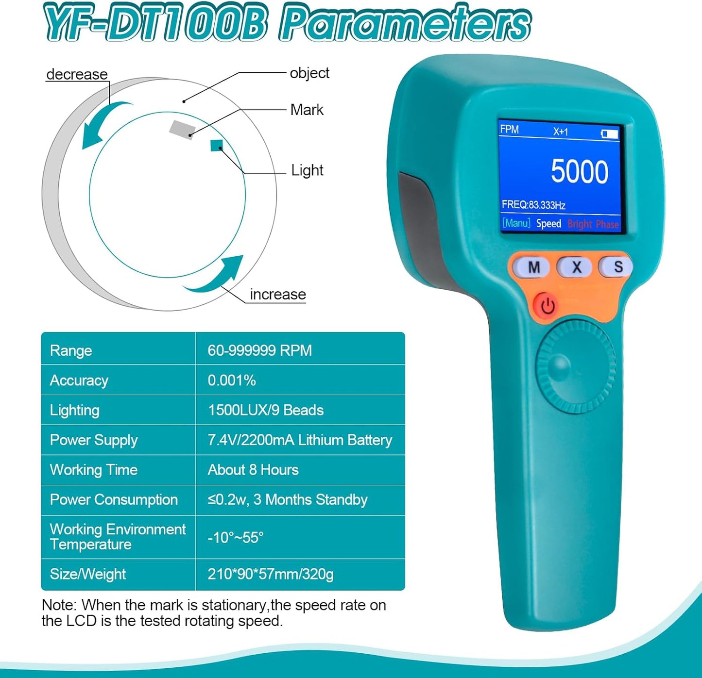 Digitale Handstroboscoop 60-99999 FPM, Contactloze LED-stroboscoop YF-DT100B, 1500 lux Stroboscoop-toerenteller met Full-color LCD-scherm, Stroboscopische Snelheidsmeter met 2200 mAh Batterij