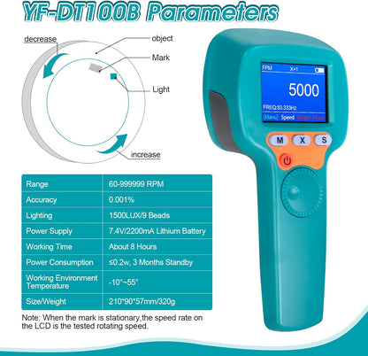 Digitale Handstroboscoop 60-99999 FPM, Contactloze LED-stroboscoop YF-DT100B, 1500 lux Stroboscoop-toerenteller met Full-color LCD-scherm, Stroboscopische Snelheidsmeter met 2200 mAh Batterij