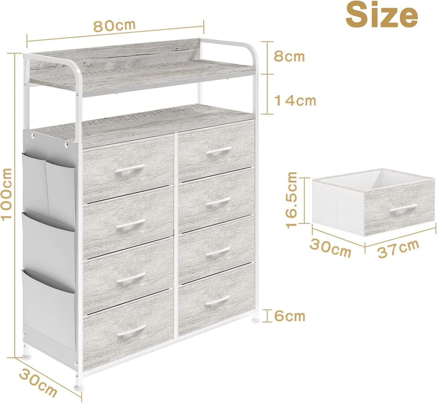 Ladekast – Dressoir – Opbergkast – Nachtkastje – Kast met 8 Stoffen Lades – 2-laags Houten Planken – Robuust Metalen Frame – White Oak