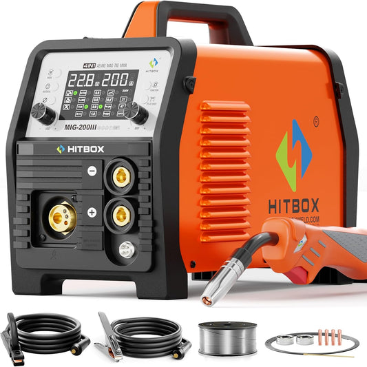 HITBOX MIG 200A Lasapparaat – Gas/Gasloos MIG, Elektrodelassen, Lift TIG, Puntlassen, Spool Gun compatibel, 230V, Voor Aluminium, LED-display, Voor-/Nagar (MIG200III)