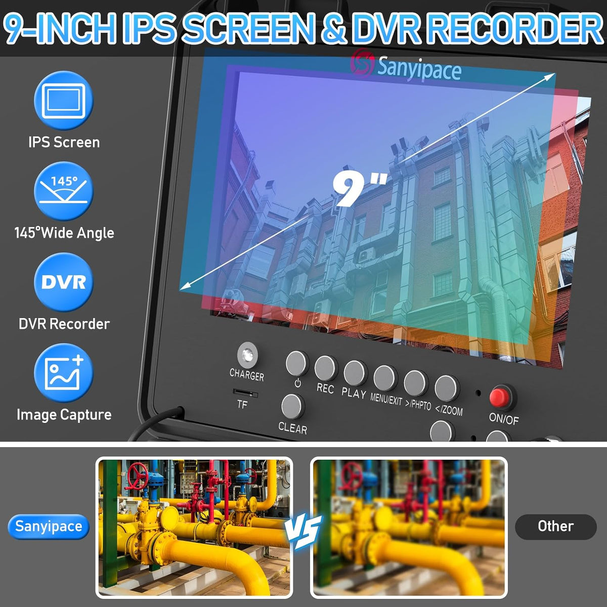 Sanyipace Inspectiecamera voor buizen 30 m, buisinspectiecamera met DVR, IP68, waterdicht, kleurenscherm van 9 inch met afstandsmeter, professionele videoinspectie