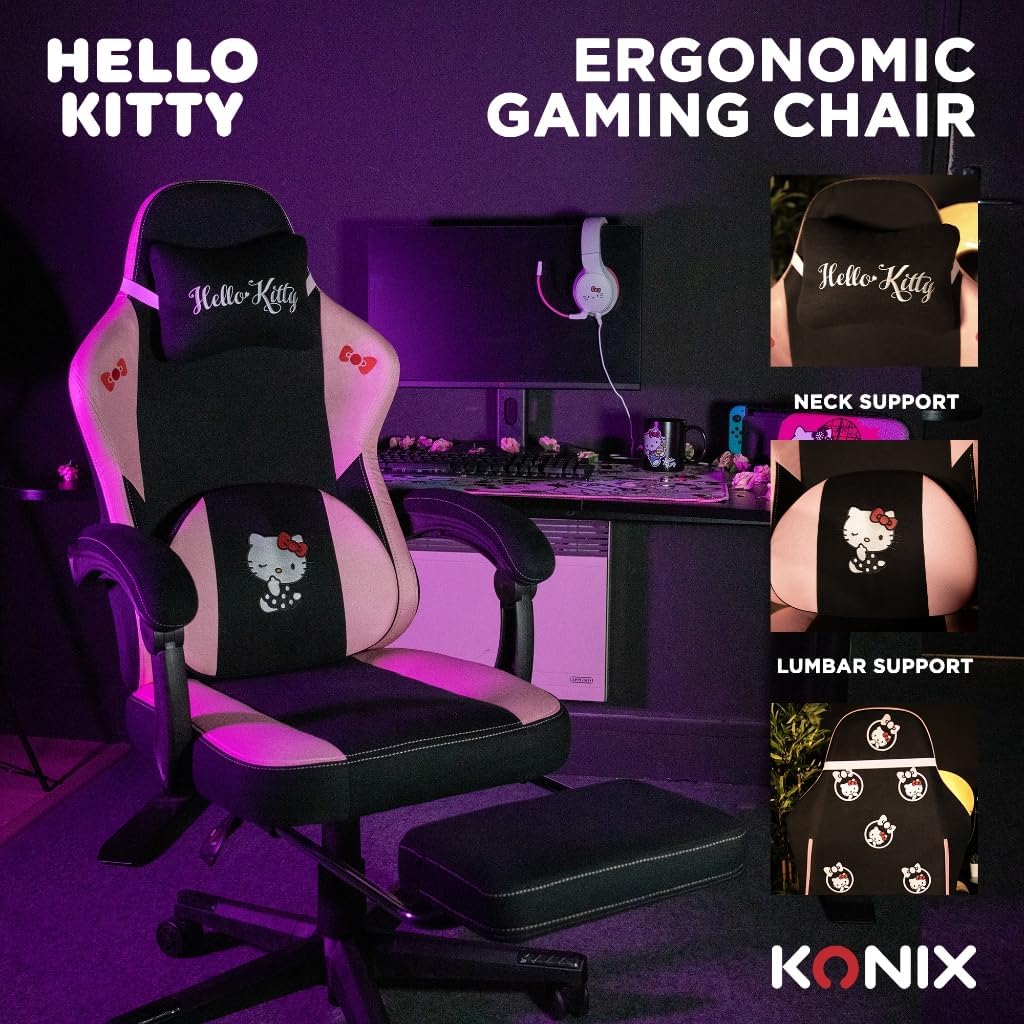 Konix Hello Kitty Gaming-bureaustoel, zithoek 150 graden, frame van hout en metaal, kussens, voetensteun, zwart en roze
