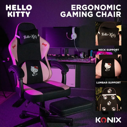Konix Hello Kitty Gaming-bureaustoel, zithoek 150 graden, frame van hout en metaal, kussens, voetensteun, zwart en roze