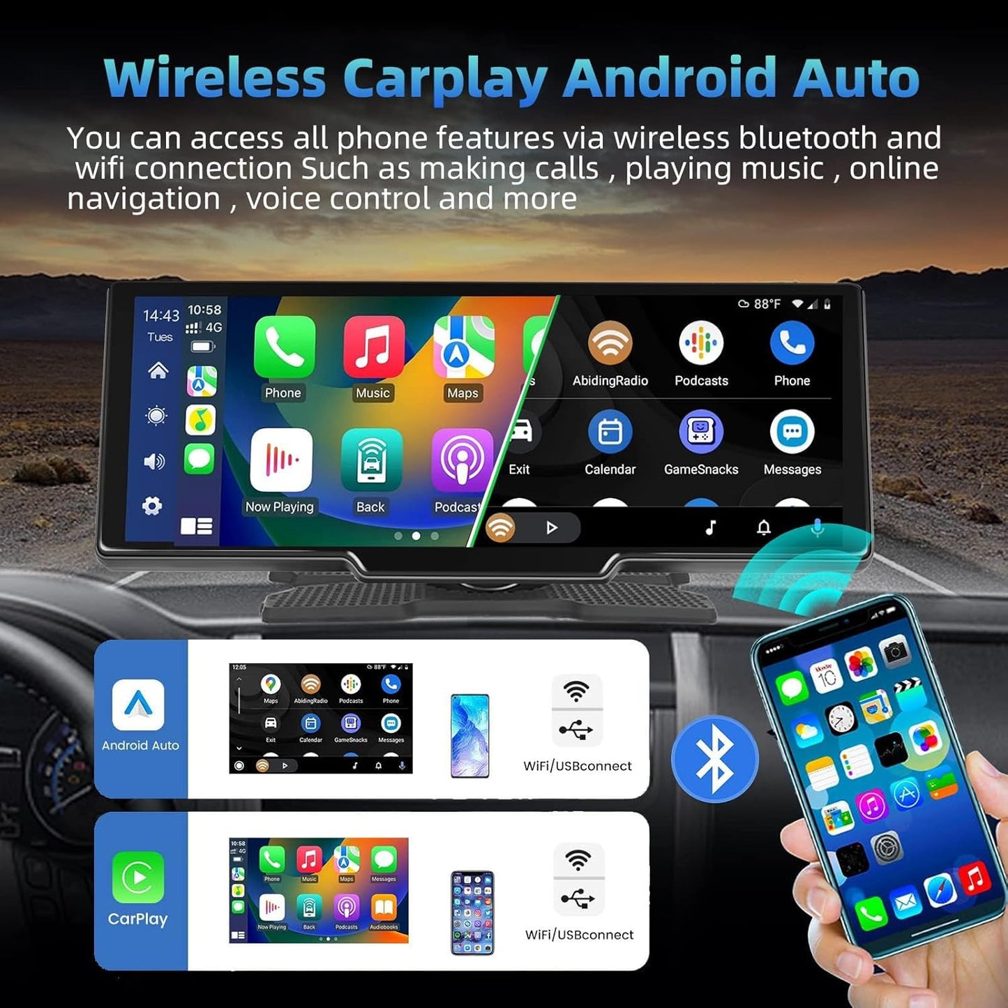 Podofo 9,3 inch draagbare autoradio 2,5K dubbele dashcam met draadloos Apple Carplay Android-autoscherm, 7-32V touchscreen met stemassistent/Bluetooth/FM-zender/AUX / 32G TF-kaart