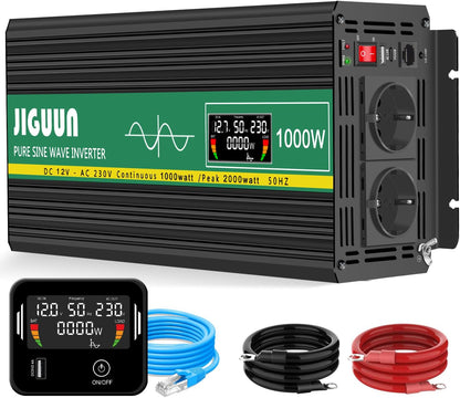 JIGUUN 1000W/2000W omvormer 12v naar 230v zuivere sinus Converter power inverter met afstandsbediening LCD-scherm 2 Eu-stopcontact & 1 USB-poort voor auto, camping, reizen,noodgeval
