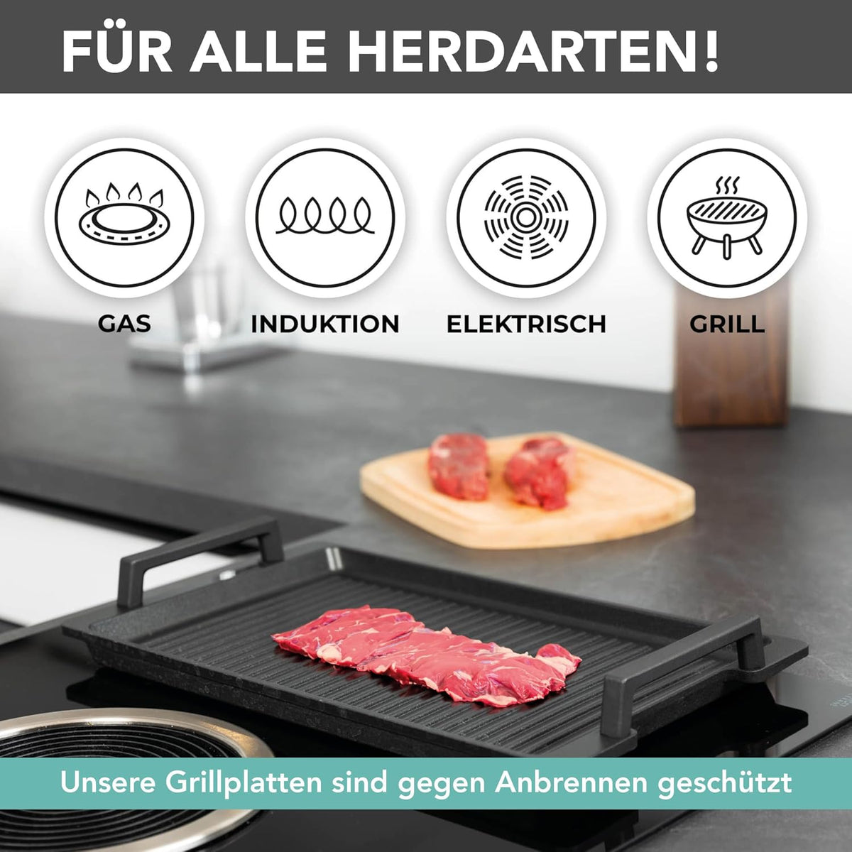 Gegoten aluminium grillplaat Teppanyaki (41 x 24 x 2,5 cm) voor inductie en alle gangbare kookplaten - keramisch oppervlak - anti-aanbaklaag - antislip - Made in Germany - PFOA-vrij