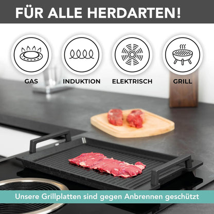 Gegoten aluminium grillplaat Teppanyaki (41 x 24 x 2,5 cm) voor inductie en alle gangbare kookplaten - keramisch oppervlak - anti-aanbaklaag - antislip - Made in Germany - PFOA-vrij