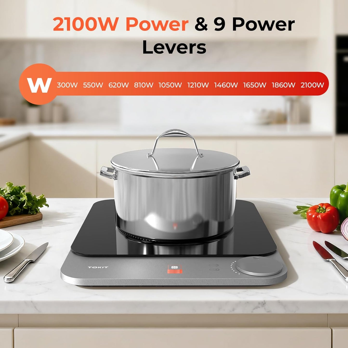 TOKIT Inductie Cooker Inductiekookplaat automatische panherkenning 2100 W 1-knops bediening 16 mm ultradun Sous-Vide kristaloppervlak anti-kras-grijs