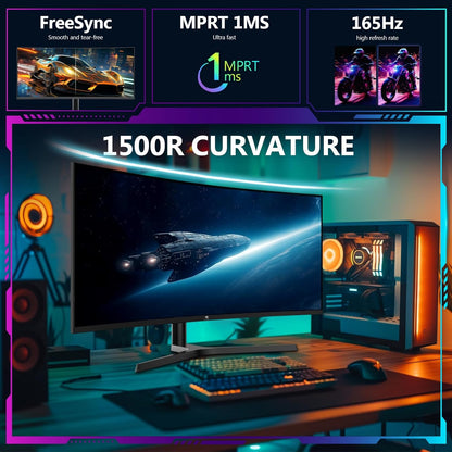 Z-Edge 34'' Curved Gaming Monitor, 3440x1440, 165Hz (DP1.4×2), IPS, 96% DCI-P3, 1ms, 21:9, Height Adjustable/Tilt, Rotary, 100Hz (HDMI2.0×2), FreeSync, VESA (DP cable included)