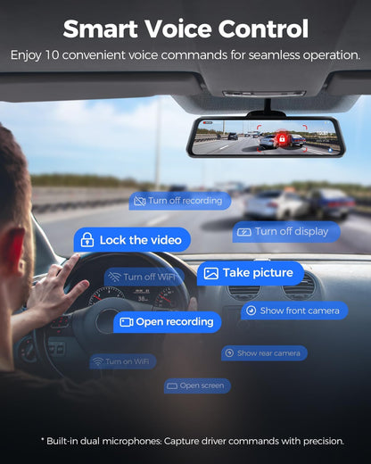 AZDOME 4K spiegel-dashcam, voor aan de auto, voor en achter met 2,5K achtercamera, 5G wifi-autocamera, 64 GB kaart inbegrepen, super nachtzicht, dashcam, GPS, spraakbediening, 12 inch IPS-touchscreen