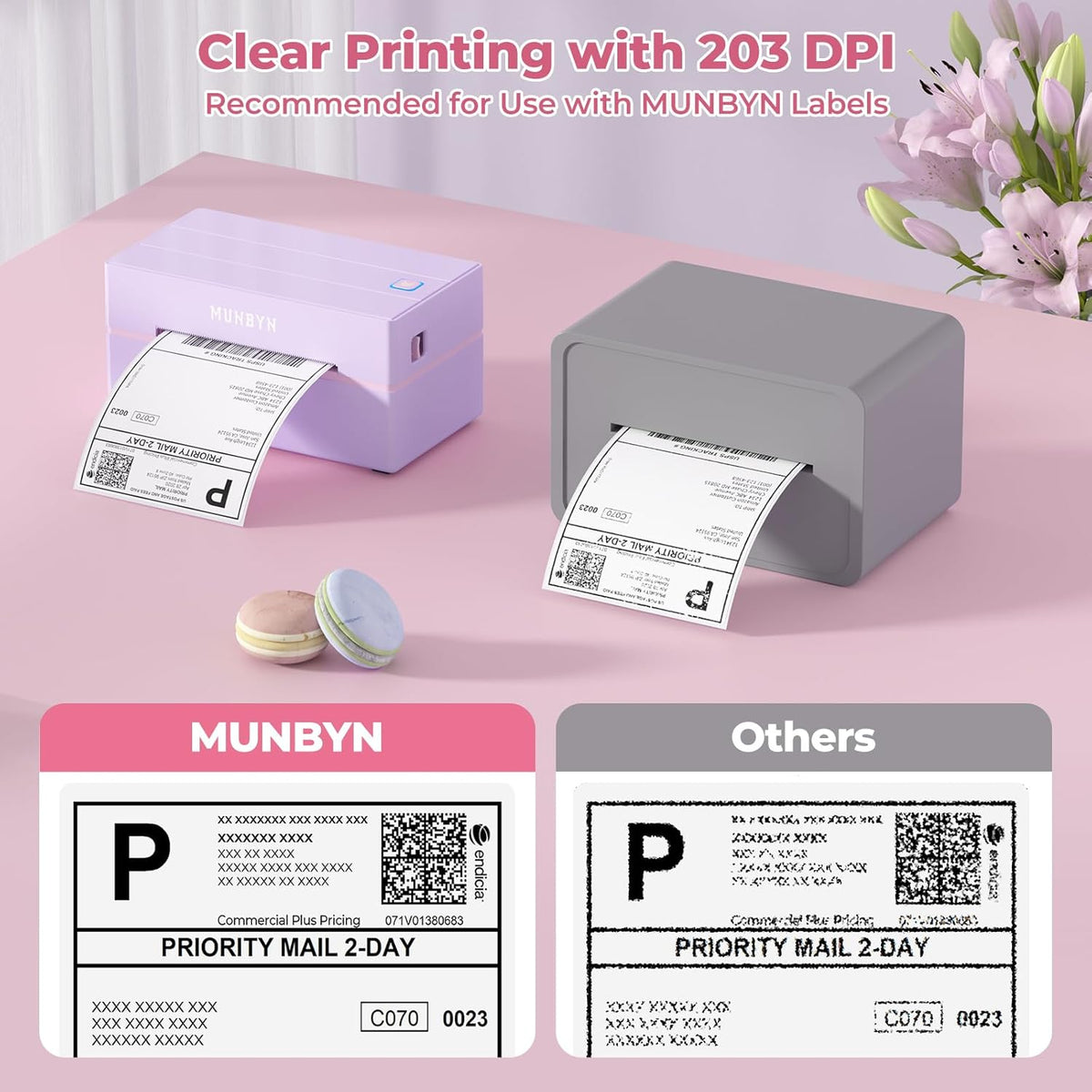 MUNBYN Labelprinter Bluetooth 4x6, Thermische Labelprinter, Ideaal voor kleine bedrijven en thuisgebruik, Compatibel met iOS, Android, Windows, Chromebook, DHL en UPS, Paars