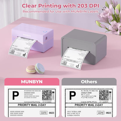 MUNBYN Labelprinter Bluetooth 4x6, Thermische Labelprinter, Ideaal voor kleine bedrijven en thuisgebruik, Compatibel met iOS, Android, Windows, Chromebook, DHL en UPS, Paars
