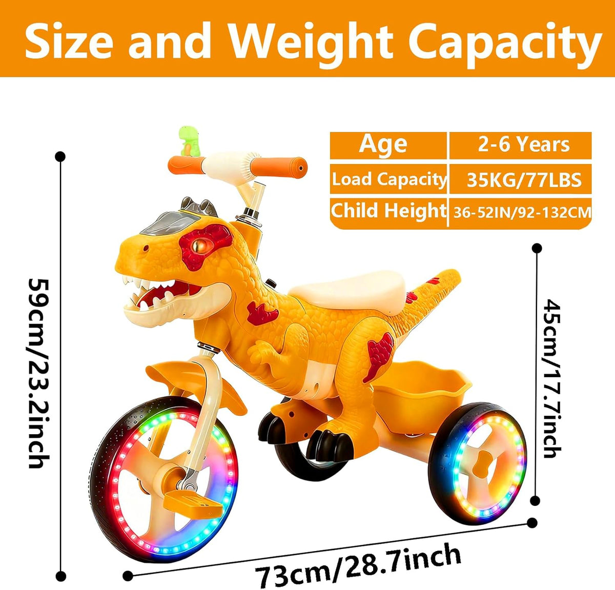 NMM Rolfiets, driewieler, driewieler vanaf 2 jaar, dinosaurusspeelgoed met muziek, lichten en claxon voor kinderen, fiets met wielen vanaf 2, 3, 4, 5, 6, 7, 8 jaar (fiets oranje licht)