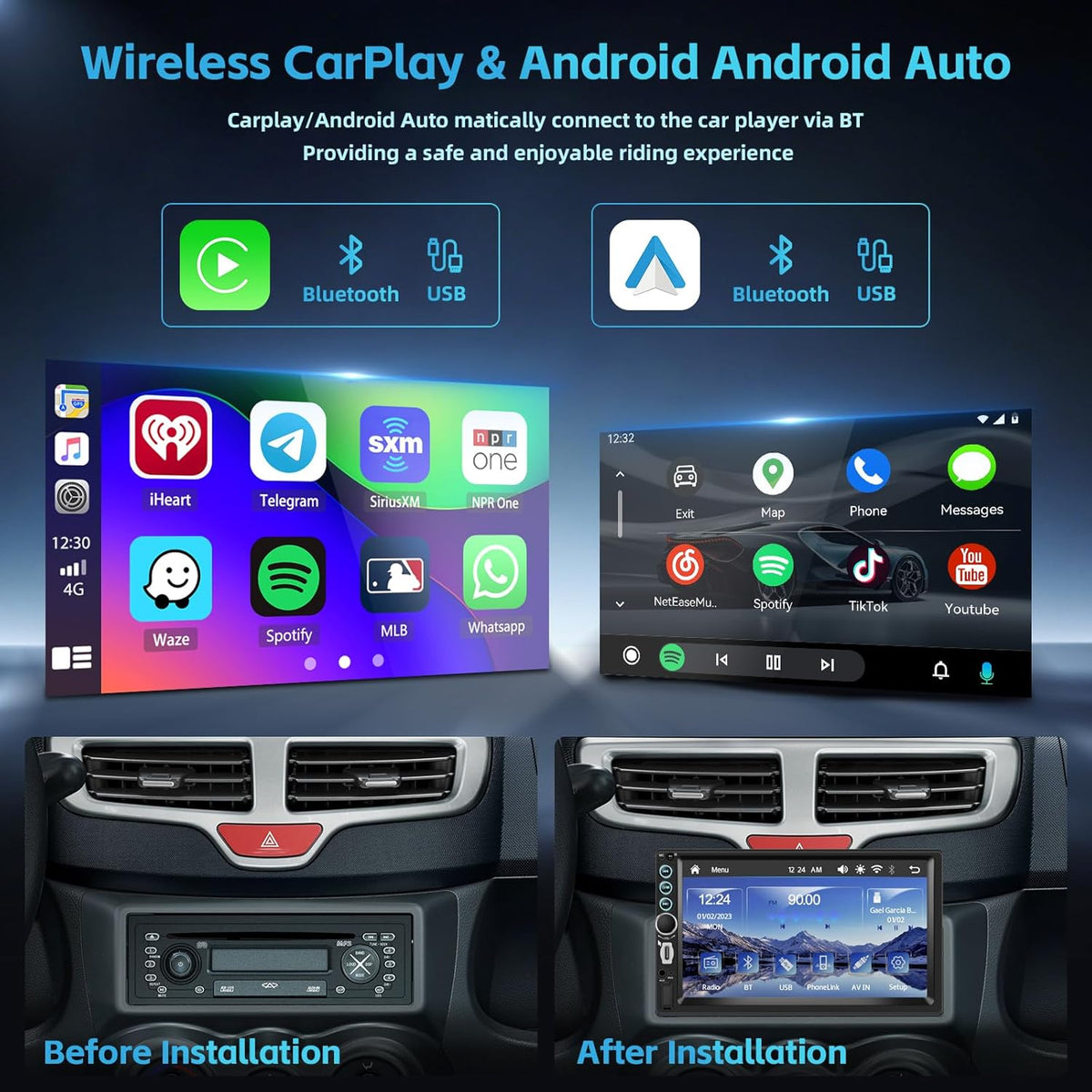 Hikity Autoradio 2 Din met 7 inch IPS-touchscreen, 2-DIN-radio met draadloze Carplay Android Auto online videoweergave video-uitgang FM-radio Bluetooth SWC CAM + MIC