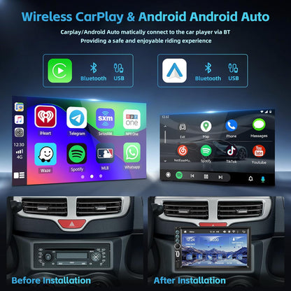 Hikity Autoradio 2 Din met 7 inch IPS-touchscreen, 2-DIN-radio met draadloze Carplay Android Auto online videoweergave video-uitgang FM-radio Bluetooth SWC CAM + MIC