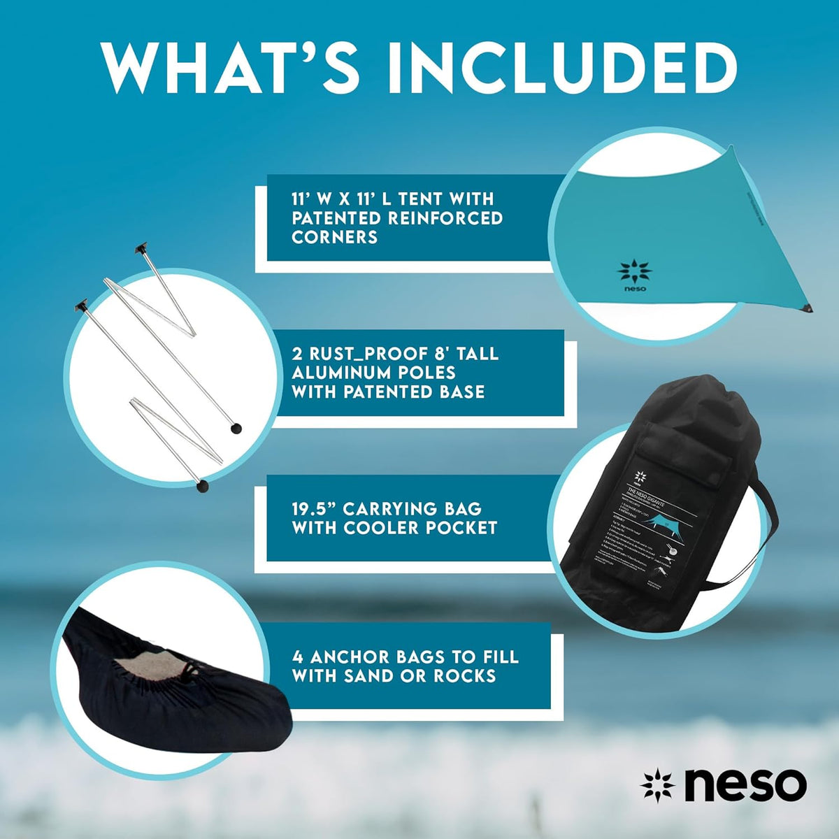 Neso Gigante Beach Tent, 2.5m High, 3.3m x 3.3m (11ft), Reinforced Corners and Cooler Compartment (Colour)