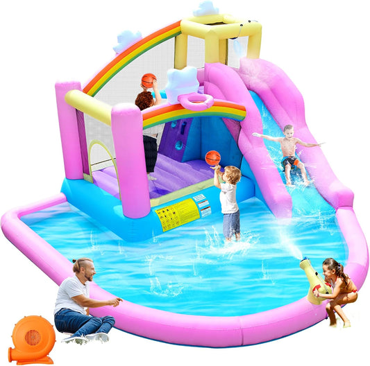 Opblaasbaar springkasteel met waterglijbaan, klimwand, basketbalkorf en kinderbadje, incl. ventilator, outdoor voor kinderen, ideaal voor tuin, 365 x 390 x 238 cm - QUORE