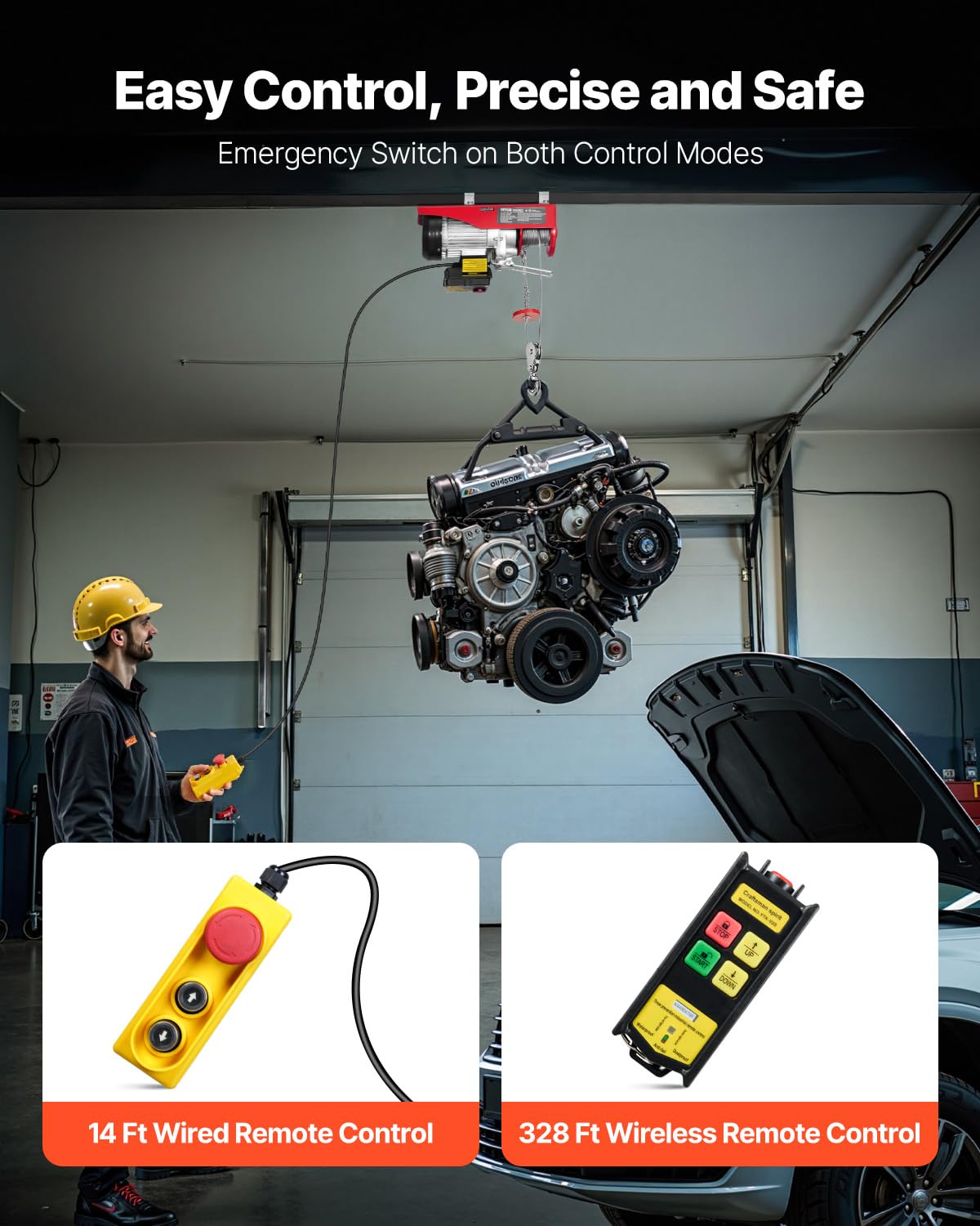 VEVOR Electric Hoist with Double Cable, Max Load 600kg, Cable Remote Control 4.2m, Single Cable Lifting Height 12m, Pulley Emergency Stop, Jack for Garage, Warehouse, Factory