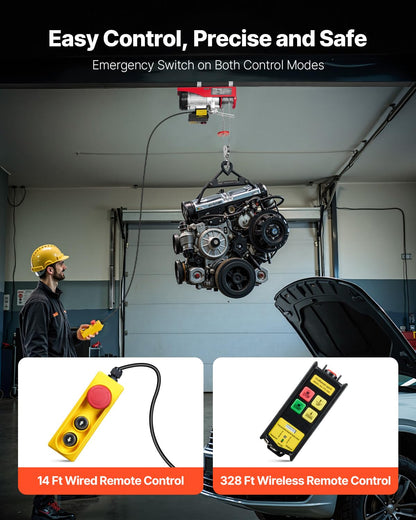 VEVOR Electric Hoist with Double Cable, Max Load 600kg, Cable Remote Control 4.2m, Single Cable Lifting Height 12m, Pulley Emergency Stop, Jack for Garage, Warehouse, Factory