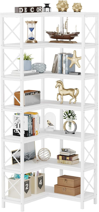 Tribesigns Corner Rack with 7 Shelves, Large Modern Corner Shelf, 7 Stories Corner Shelf with Metal Frame for Living Room, Home Office (White)