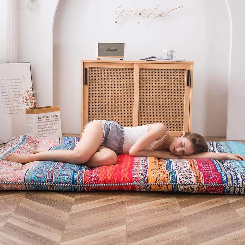 MAXYOYO Futon Retro Bohemian matras - Japanse bloemen vintage vloer - rollende logeerbed, draagbare camping, Tatami mat (Bohemian A, 135 x 190 cm)