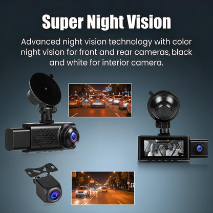Dashcam Auto – Autocamera – Rijrecorder – Dashcam Set – Achteruitrijcamera – 3-Kanaals met 2,5K Frontcamera, 1080p Interne Camera & 1080p Achtercamera – 3,16 Inch Touchscreen, G-Sensor & App-Bediening