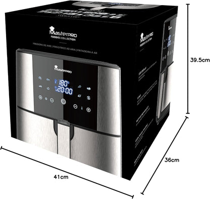 MasterPro Foodies XXL Friteuse Kit zonder olie, 6 l, 1800 W, samen met oliesproeispray, led-display en anti-aanbakmand, luchtfriteuse, 8 verschillende functies in 1