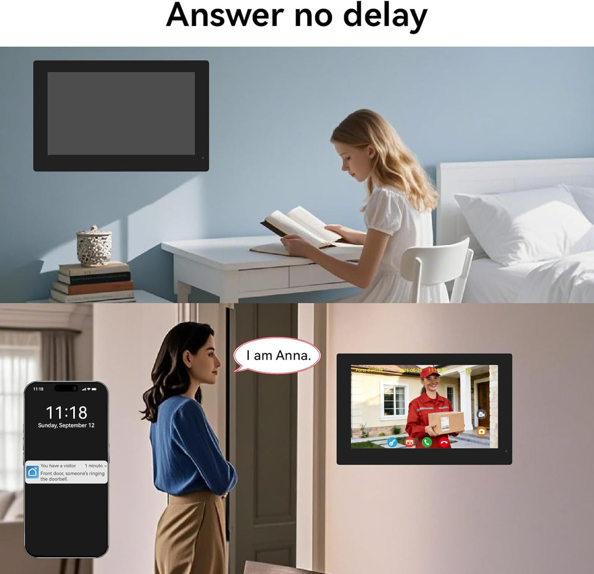 slimme videodeurbel met 2-draads aansluiting, bedrade video-intercom met 2 x 7-inch monitoren, ontgrendeling op afstand,tweeweg audio, RFID,dual-band wifi,set voor twee gezinnen