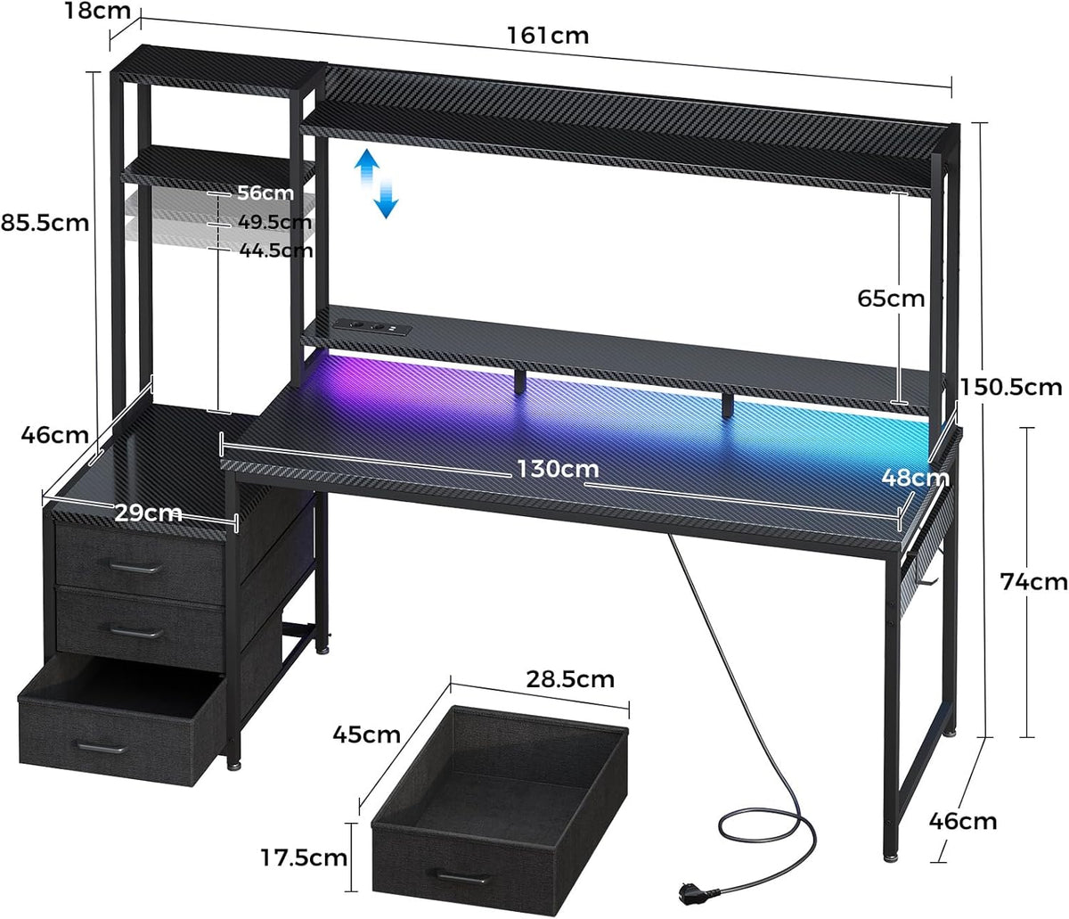 Coleshome Gamingbureau met Plank en Lades, 161×48 cm Gamebureau met LED-verlichting & Ingebouwd Stopcontact, Computertafel met Opbergplanken & Monitorstandaard, Zwarte Koolstofvezel