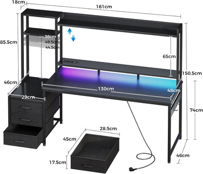Coleshome Gamingbureau met Plank en Lades, 161×48 cm Gamebureau met LED-verlichting & Ingebouwd Stopcontact, Computertafel met Opbergplanken & Monitorstandaard, Zwarte Koolstofvezel