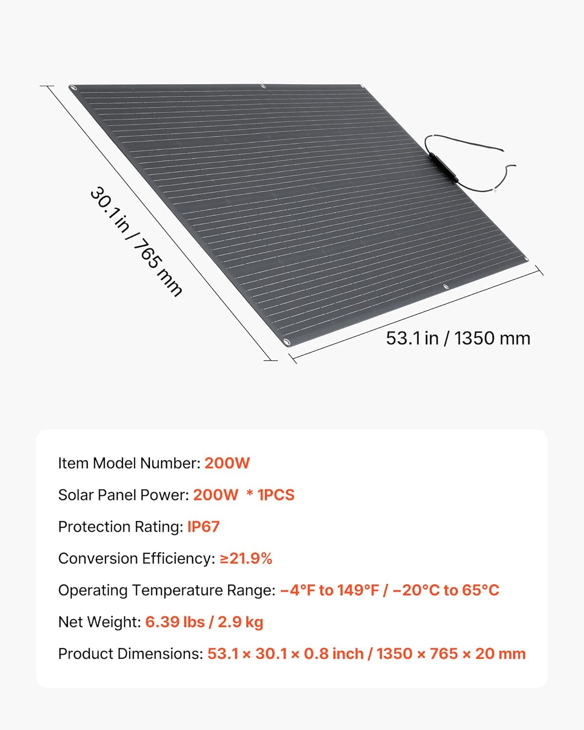 VEVOR 200W Monocrystalline Solar Panel Mono Charger High Efficiency Off Grid with MC4 Output Waterproof IP67 for Curved Surfaces for Motorhomes and Cars