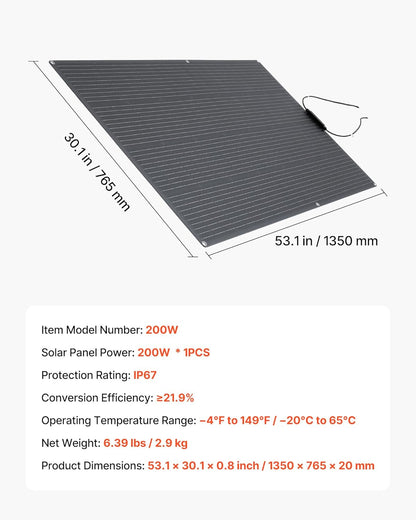 VEVOR 200W Monocrystalline Solar Panel Mono Charger High Efficiency Off Grid with MC4 Output Waterproof IP67 for Curved Surfaces for Motorhomes and Cars