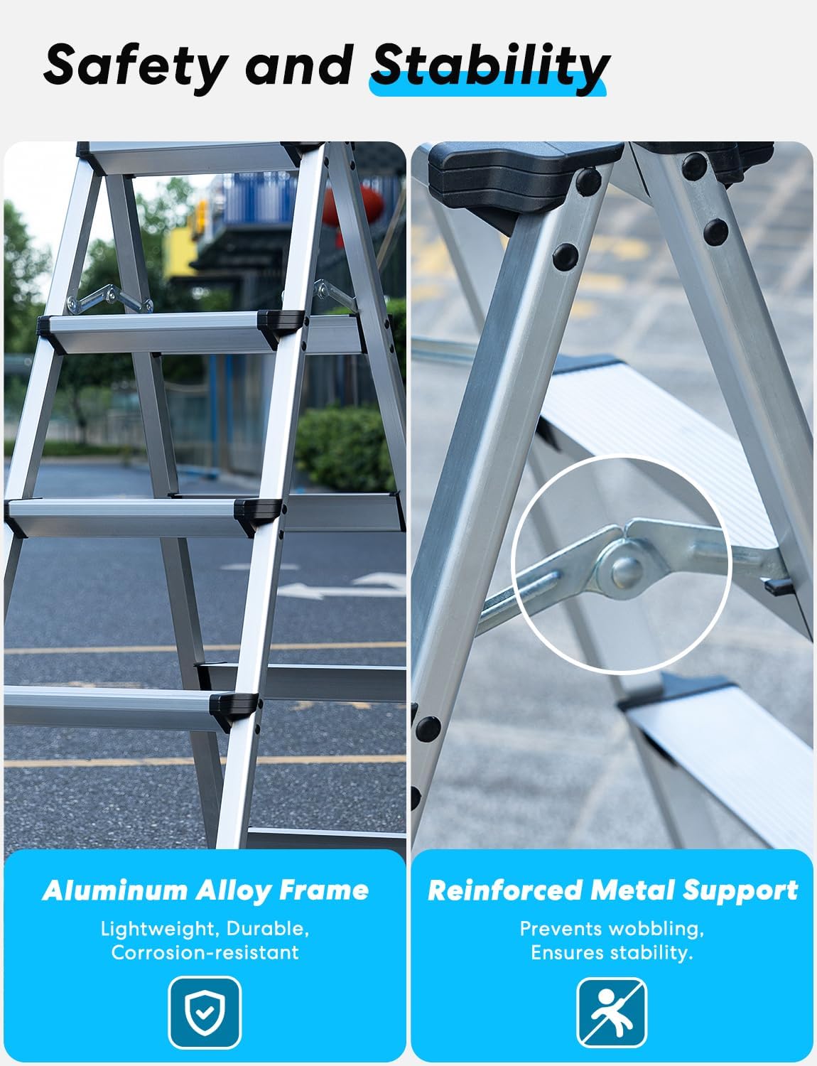 Trapladder met 5 treden, inklapbaar, van aluminium, kleine huishoudladder met dubbele toegang, antislip en stabiel, maximale capaciteit 150 kg, gemakkelijk op te bergen