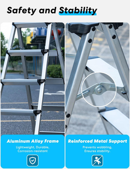 Trapladder met 5 treden, inklapbaar, van aluminium, kleine huishoudladder met dubbele toegang, antislip en stabiel, maximale capaciteit 150 kg, gemakkelijk op te bergen