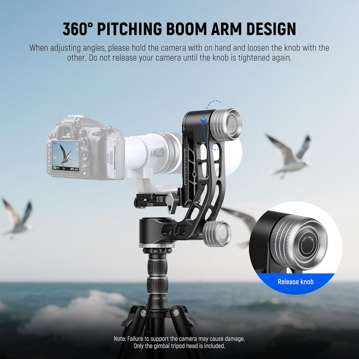 NEEWER GM102 Gimbalkop voor statief, monopod, telelens, 360° panorama-camera-statiefkop, 3-assige instelling, hoogwaardige CNC-aluminiumlegering, Arca-type snelspansysteem, maximaal 15 kg