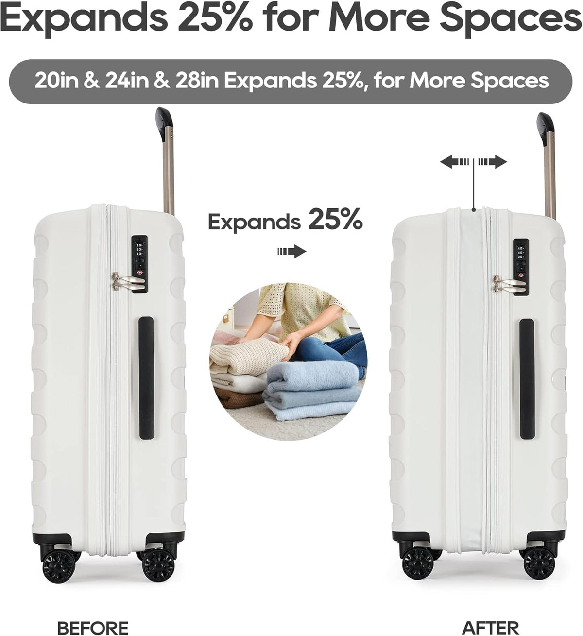 GinzaTravel 3-delige bagageset, wit, met krasbestendig PP-materiaal, uitbreidbaar (alle 20, 24, 28), superlicht, verdikt