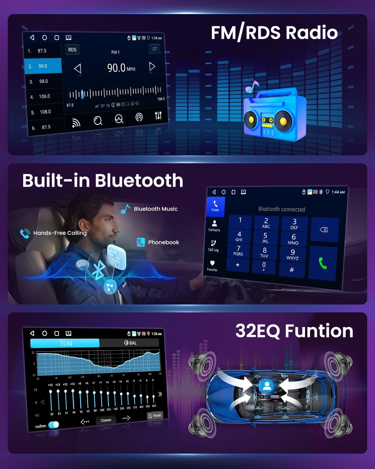 4+64G Android 15 autoradio voor Hyundai i20 2008-2012 met draadloze CarPlay Android Auto, 9-inch scherm, ondersteunt FM, RDS, 32EQ, GPS, Bluetooth, WiFi, SWC, AHD en achteruitrijcamera.