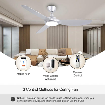 Ovlaim Plafondventilator, 132 cm, met kunststof bladen en ledverlichting, incl. afstandsbediening, DC-energiebesparende motor, ultralicht, voor zomer en winter, zilver [energieklasse D].