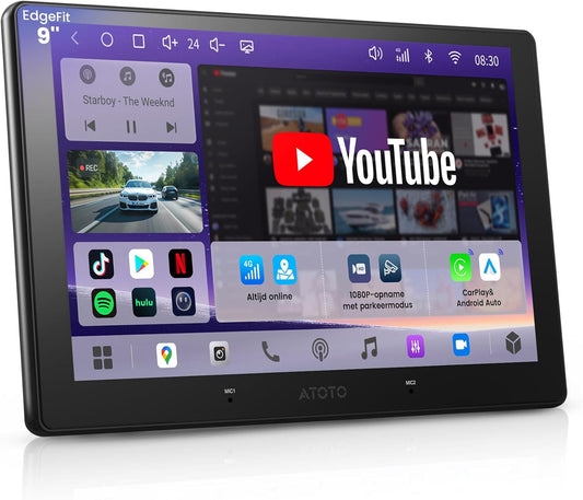 ATOTOZONE A7 Android Double Din Autoradio, 9" 4+64GB Octa‑Core, Draadloze CarPlay & Android Auto, Wi‑Fi/USB/BT, SCVC & LRV, Hi‑Fi  DSP met 4 V Pre‑Outs, AI Chat & GPS‑Tracking