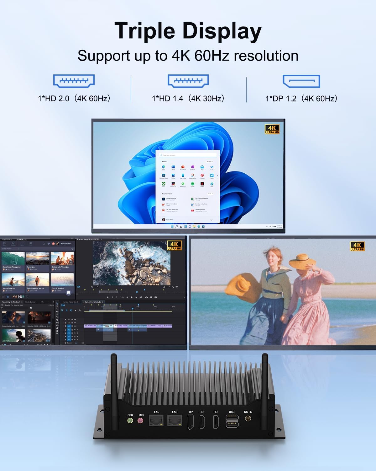 Industrial Mini PC WIN11 Pro, Fanless Pc Core i5-10210U, 16GB DDR4 256GB SSD, Dual HD+DP 4K Triple Display, 2xRS232/485 COM, WIFI6,BT5.2, Dual Gigabit Lan, RTC, Auto Power On