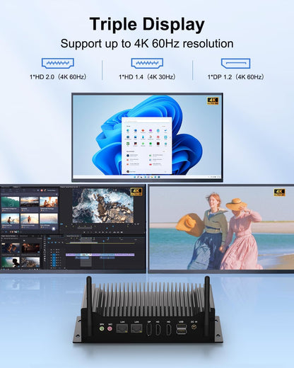 Industrial Mini PC WIN11 Pro, Fanless Pc Core i5-10210U, 16GB DDR4 256GB SSD, Dual HD+DP 4K Triple Display, 2xRS232/485 COM, WIFI6,BT5.2, Dual Gigabit Lan, RTC, Auto Power On