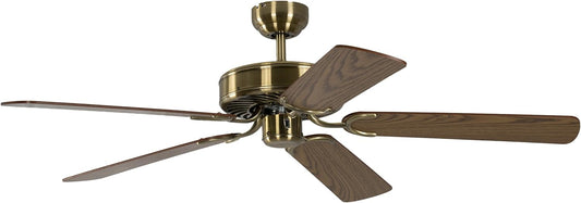 Potkuri Plafondventilator zonder verlichting, behuizing messing antiek, omkeerbare vleugels eiken of eiken met rotaninzet, 132 cm, voor ruimtes tot 25 m²